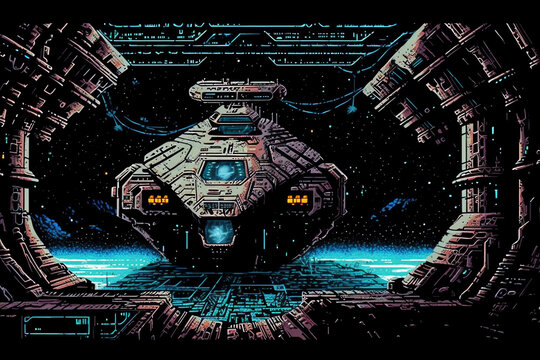 An abandoned spaceship 1990s adventure game. digital art illustration. generative AI
