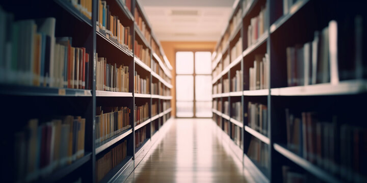 Blurred public library interior space. Learning and education concept background. Defocused bookshelves with books - vintage tone