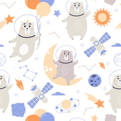 Cute space bear astronauts seamless pattern. Vector illustration for baby collection, design, decor, wallpaper, packaging and textile.