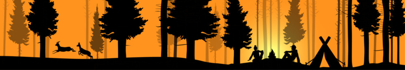 Camping camp adventure wildlife travel outdoor landscape panorama long illustration icon vector for logo - Silhouette of forest fir trees, tent, woman, man and campfire during the sunset
