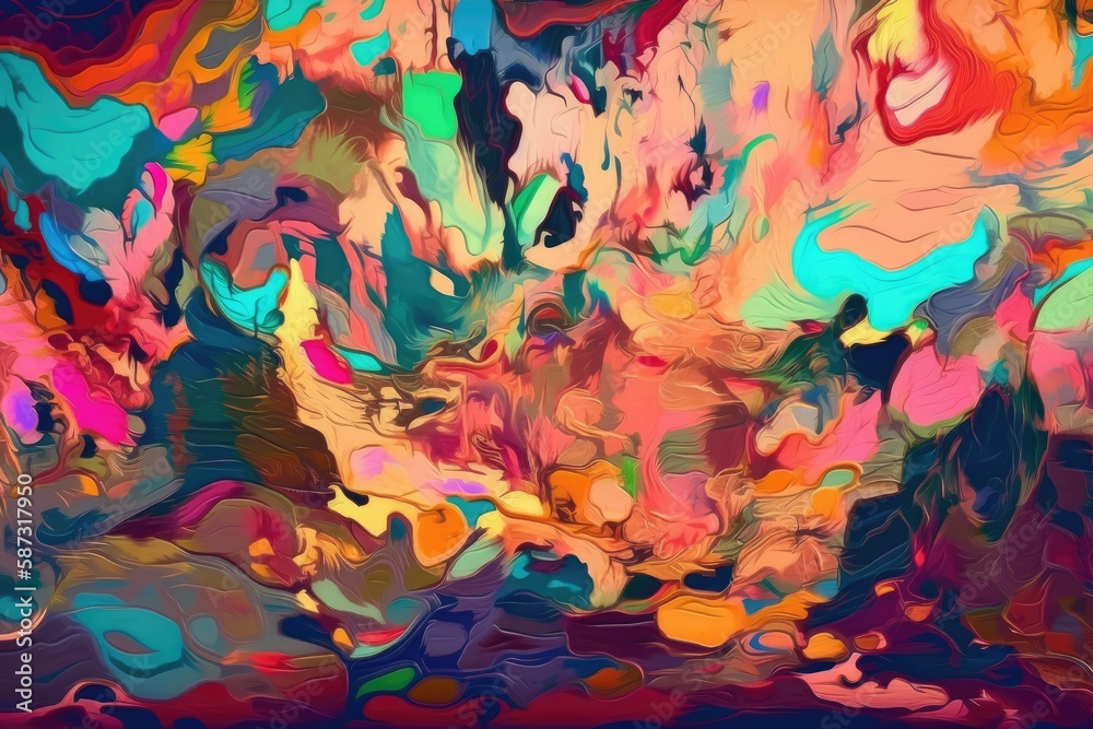 Poster vibrant and dynamic abstract painting filled with colorful shapes and forms. generative ai