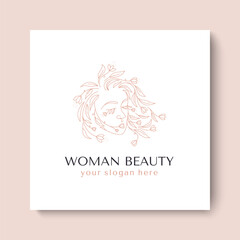 Logo Woman face with flowers. Woman vector lineart illustration. Elegant Feminine Beauty Logo. Woman Line Art Minimalist Logo. Botanical print.