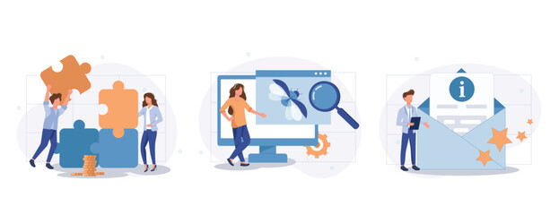 Fototapeta premium Customer experience abstract concept vector collection of scenes. Project delivery, beta testing, user guide, software development, new product launch, technical guide, helpdesk abstract metaphor 