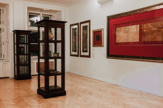 Prague, Czech - March 2023. Alphonse Mucha art exhibition in Central Gallery.