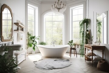 White classic freestanding bathtub, huge windows, contemporary fireplace, and green houseplants in light scandinavian bathroom. Idea of home décor in modern flat. Generative AI