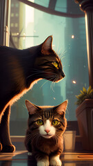 Starring cats in street at night_AI_Img