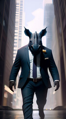Rhinoceros wearing suit & moving forward_AI_Img