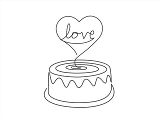 Continuous line drawing of birthday cake. Cake with heart and with inscription 