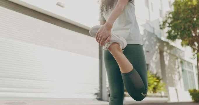 Runner, legs stretch and woman in city ready for fitness, exercise and workout. Running closeup, training and healthy athlete by outdoor with wellness, health and stretching for marathon and sport