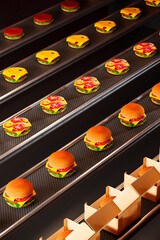 Hamburgers factory. Many sandwiches on a production line. Automated Fast food.