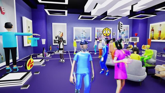 3D avatars with icons choose clothes in shopping mall. 3D render of futuristic virtual clothing store. Banners and price tags. Concept of immersive metaverse technologies. Future virtual reality world