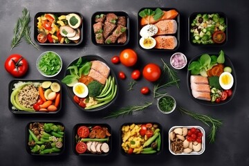 Assortment of healthy food dishes. Top view. Free space for your text. Ai	
