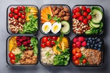Assortment of healthy food dishes. Top view. Free space for your text. Ai	
