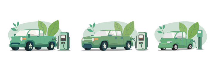 Set of Eco friendly sustainable, Electric pickup charging station, Clean green energy from renewable sources concept. Vector design illustration. © wenich