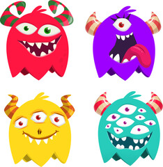 Funny cartoon monsters set with different face expressions. Vector monster illustration