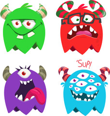 Funny cartoon monsters set with different face expressions. Vector monster illustration