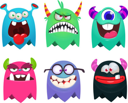 Funny cartoon monsters set with different face expressions. Vector monster illustration