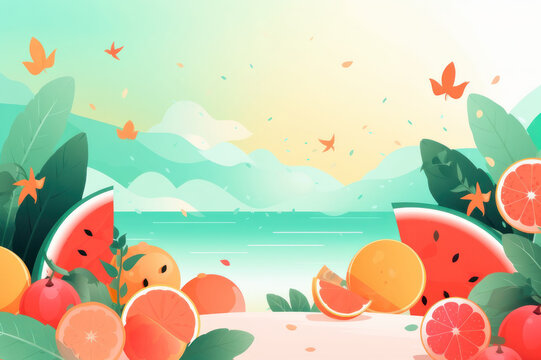 Summer background. Fruit on the beach. AI generative.