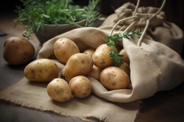 Beautiful white potatoes, commercially attractive, potatoes in a sack, isolated, ai