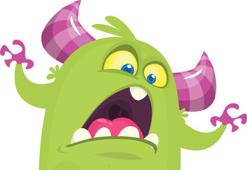 Scared cartoon pink monster waving. Vector cute monster mascot illustration for Halloween