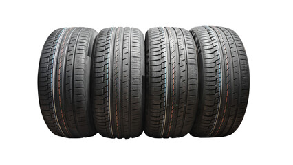 Car tires with a great profile in the car repair shop. Set of summer tyres in front of white fond. On transparent PNG background.