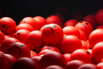 A pile of red balls with sad, depressed or angry expressions.