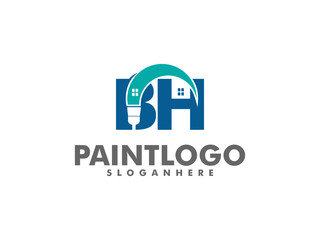 Initial letter BH logo with Paint Brush and House Vector Logo Illustration, House painting service, decoration and repair color icon,	
