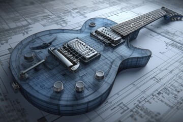 blue guitar resting on a blueprin. Generative AI