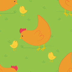 Vector seamless pattern with chickens and chicks characters in cartoon style on green grass. Vector seamless background with farm poultries