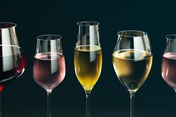 A set of glasses filled with different kinds of wine and sparkling champagne.