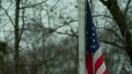Rack Focus Shot Of Flag Of The United States Amidst Bare Trees - Atlanta, Georgia - Powered by Adobe