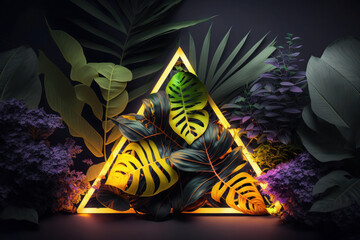 Creative fluorescent, neon color layout made of tropical leaves. nature concept. ai generative