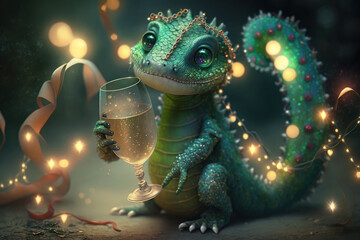 a small, cute green dragon is celebrating with a glass of champagne. happy New Year. AI Generative