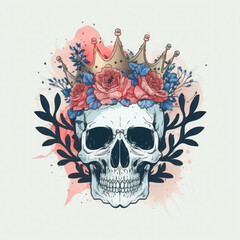 the day of the Dead. the skull is decorated with flowers, pink roses. watercolor drawing for halloween. ai generative