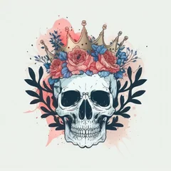 the day of the Dead. the skull is decorated with flowers, pink roses. watercolor drawing for halloween. ai generative