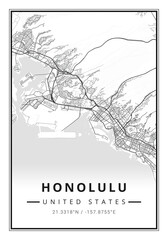Street map art of Honolulu city in USA - United States of America - America