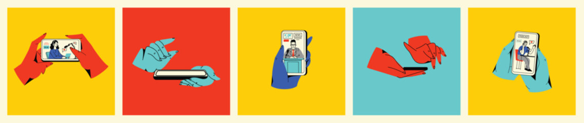 Concept of news, watching video online, podcast, talk show, tv application, live streaming. Hand holding smartphone with man with microphone on screen. Vector illustration in flat style