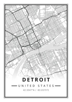 Street map art of Detroit city in USA - United States of America - America