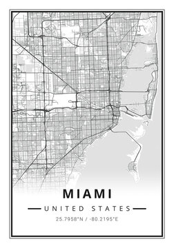 Street map art of Miami city in USA - United States of America - America