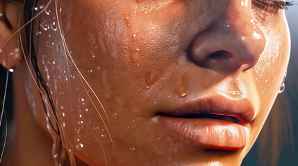 Wet face of young woman with drops of water and sweat running down her cheeks and lips, made with generative ai