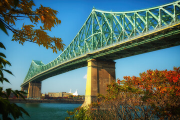 View of Jacques Cartier Bridge in Montreal during fall season in Quebec province in Canada