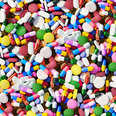 Fototapeta na wymiar Big pile of colorful pills, tablets and capsules. Vitamins, medicine, healthcare