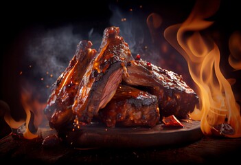 Tender BBQ Ribs Glazed in a Sweet and Smoky Sauce, Slow Cooked to Fall Off The Bone Perfection, with a Background of Smoldering Charcoal and Flickering Flames. Generative AI