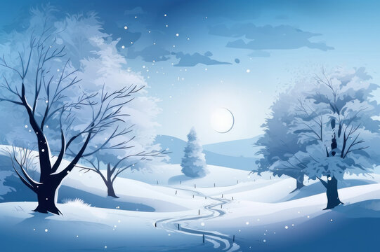 Winter background. Snowy forest and moon, blue colors. AI generative.