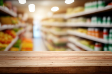Tabletop view on modern product display in grocery or department store with wooden table and blurred backdrop for advertising and promotion on table showcase. Flawless