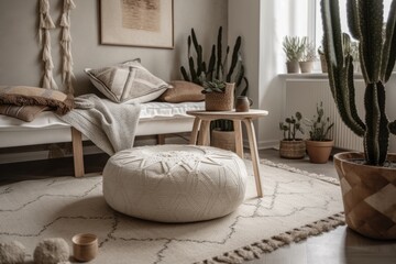 Cozy room with clean cushions and plants on wooden table. Modern photo studio. Deco. Cactus potted modern apartment. Generative AI