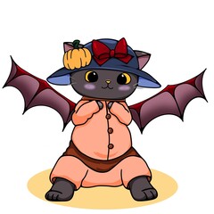 Halloween cat with wings and pumpkins 