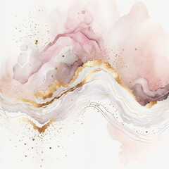 watercolor stains, splashes, blots, waves in soft pink with gold veins. generative ai	