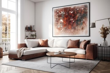 Modern living room with brown corner couch and silver abstract picture in white frame. Generative AI