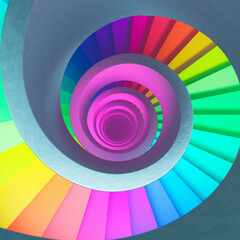 Modern, contemporary bright colorful spiral staircase. Camera slowly moves back.